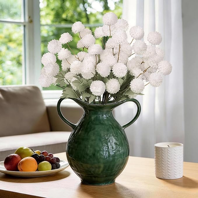 Artificial Flowers 12pcs Ball Chrysanthemums for Weddings Silk with Stemsdiy Champagne Bouquets Indoor and Outdoor Decoration Kitchen Table Decor (White)