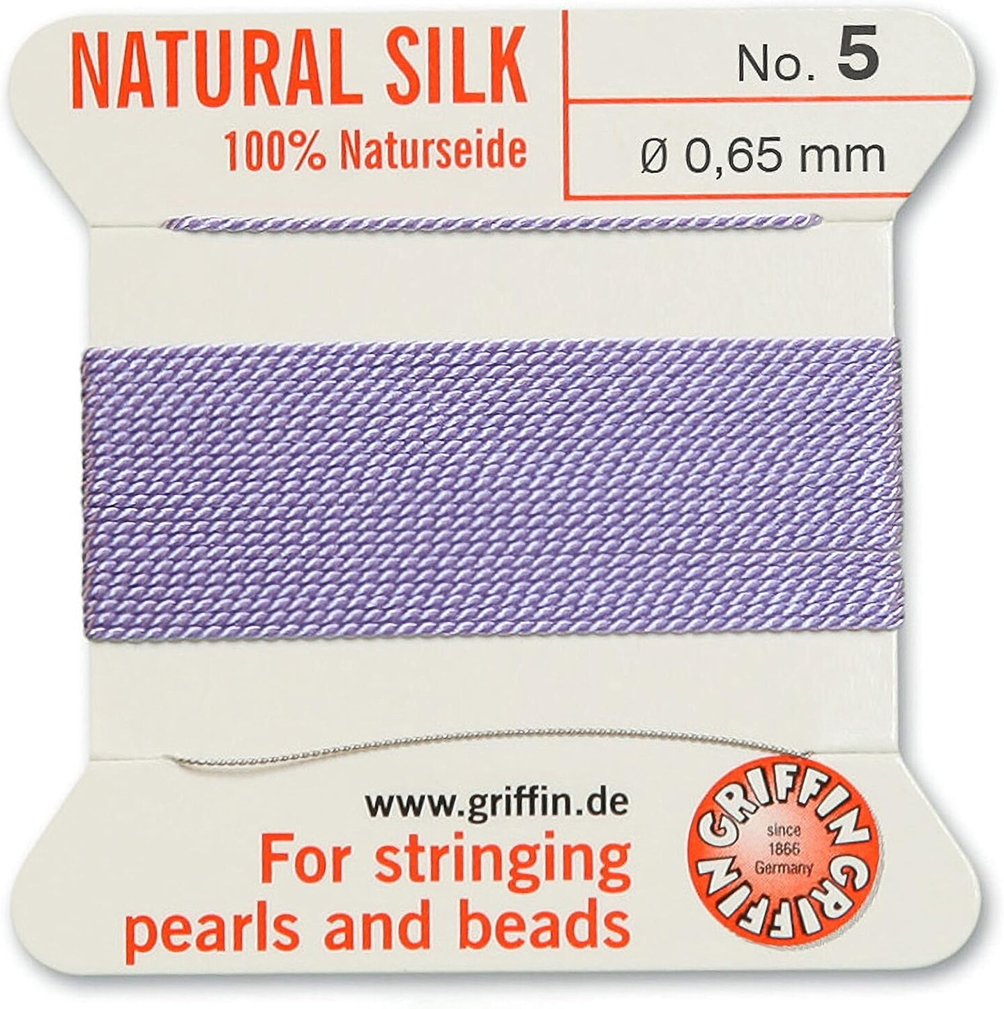 Griffin Silk Bead Cord Perlseide – Size 5 (0.65mm) – 2 Meters per Card – Stainless Steel Needle Attached – for Knotting Pearls, Gemstones, Crystals and Beads