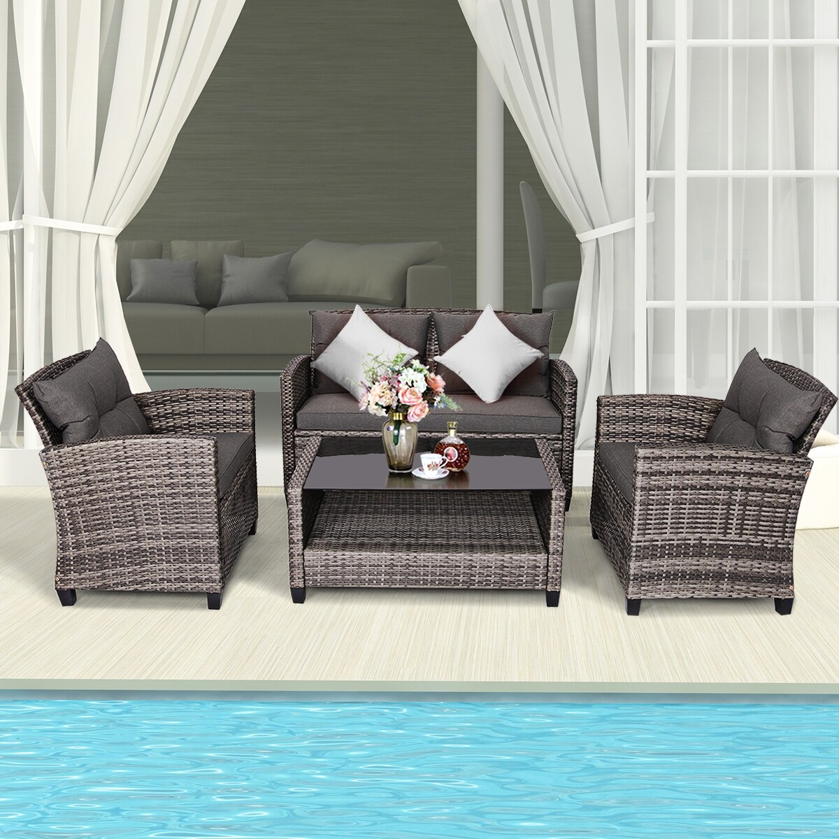 4 Piece Grey Rattan Patio Sofa Set with Steel Frame and Glass Table