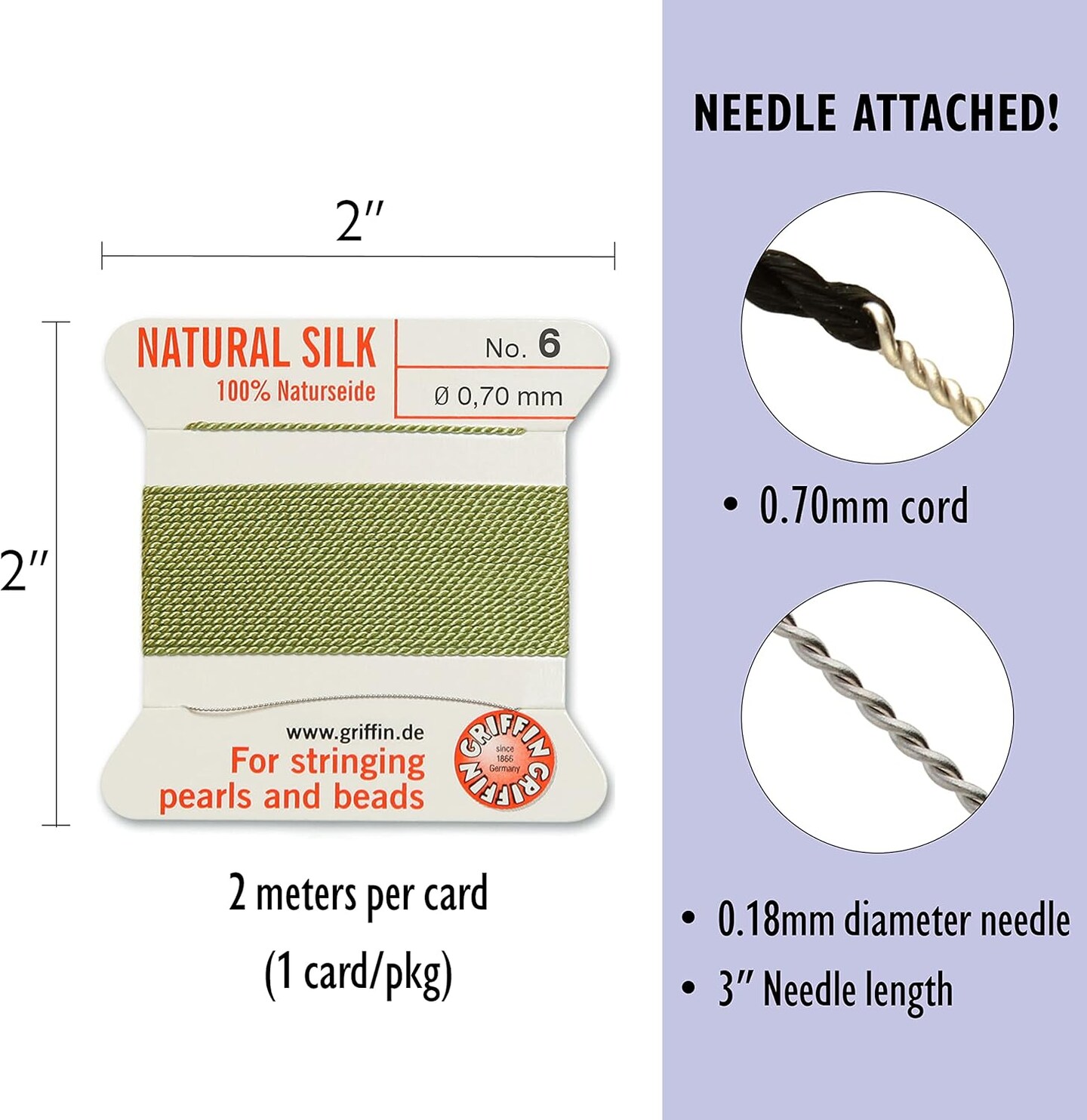 Griffin Silk Bead Cord Perlseide – Size 6 (0.70mm) – 2 Meters per Card – Stainless Steel Needle Attached – for Knotting Pearls, Gemstones, Crystals and Beads