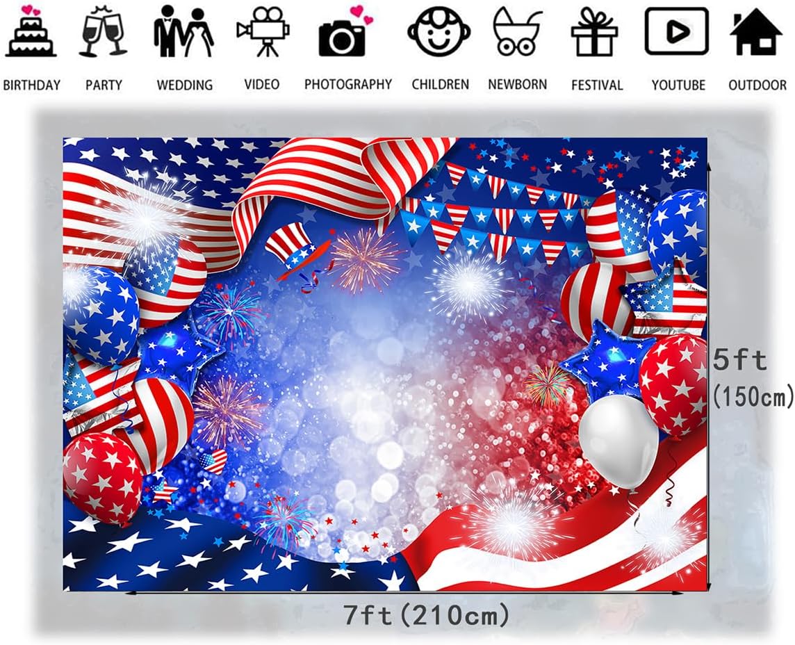 7x5ft Patriotic Backdrop for Photography American Flag and Balloon Veterans Day Background 4th of July Patriotic Party Decoration Photo Studio Booth Banner 300