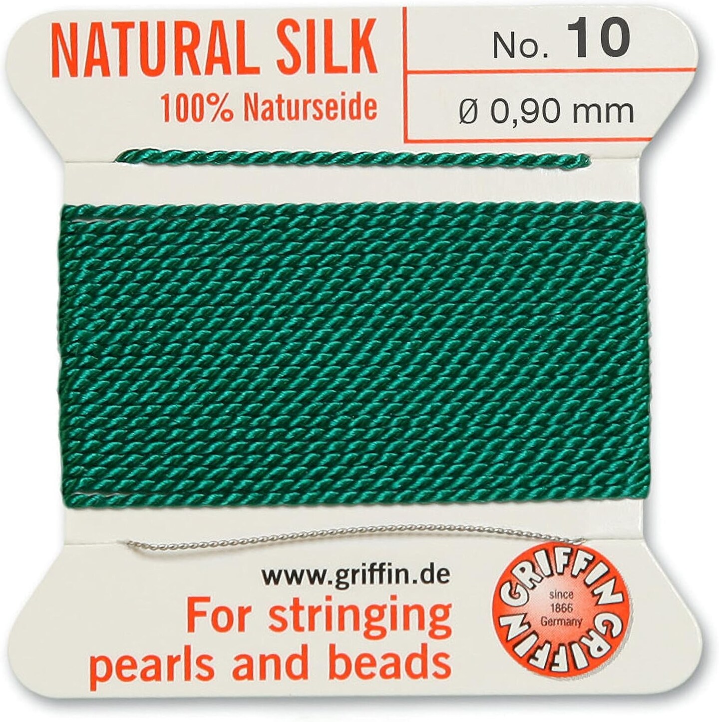 Griffin Silk Bead Cord Perlseide – Size 10 (0.90mm) – 2 Meters per Card – Stainless Steel Needle Attached – for Knotting Pearls, Gemstones, Crystals and Beads