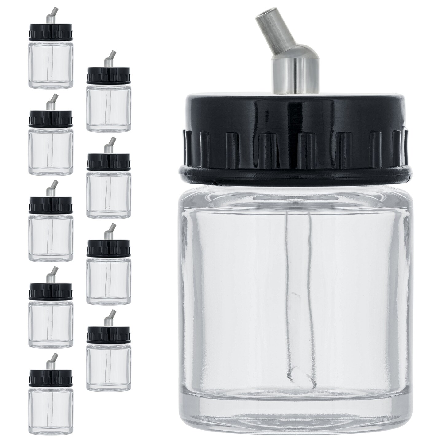10 Pack of Master Airbrush TB-002 3/4 oz Glass Jar Bottles with 30 degree Down Angle Adaptor Lid Assembly - Dual-Action Siphon