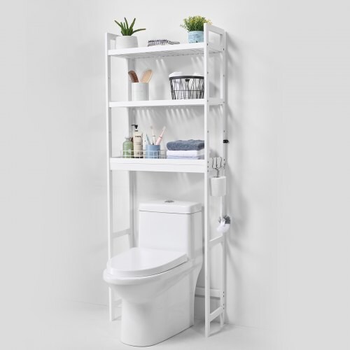 3-Tier Over Toilet Bathroom Organizer, Bamboo Shelf with 3 Hooks, Freestanding