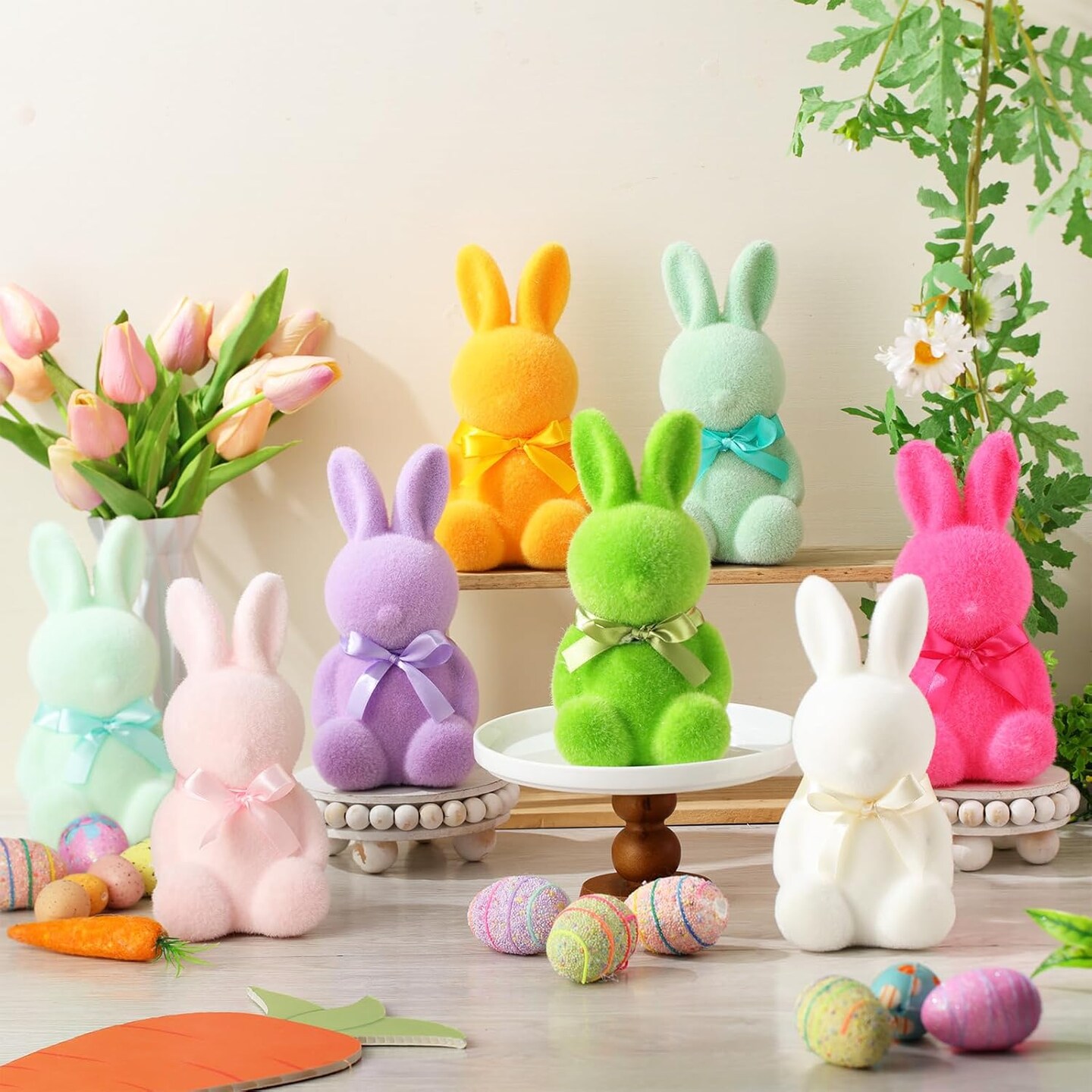 8-Piece Flocked Bunny Figurines Set – 6.9-Inch Easter Decorations with Bowtie, Perfect for Spring Centerpieces, Garden, Lawn, Tabletop, Nursery, Party & Holiday Decor