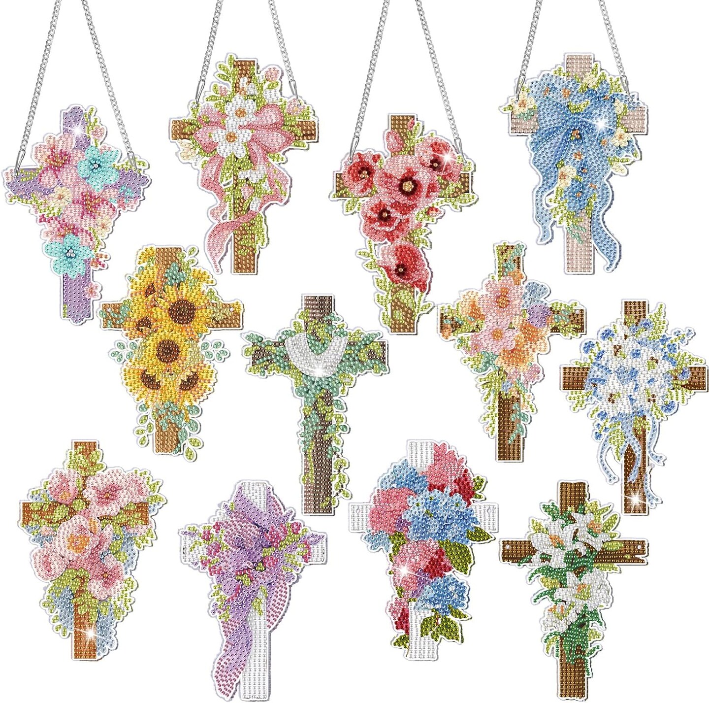 12-Pack Spring Easter Diamond Art Kit – 5D DIY Cross & Flower Hanging Pendants – Religious Diamond Painting for Adults, Home & Office Decor, Easter Christian Gifts