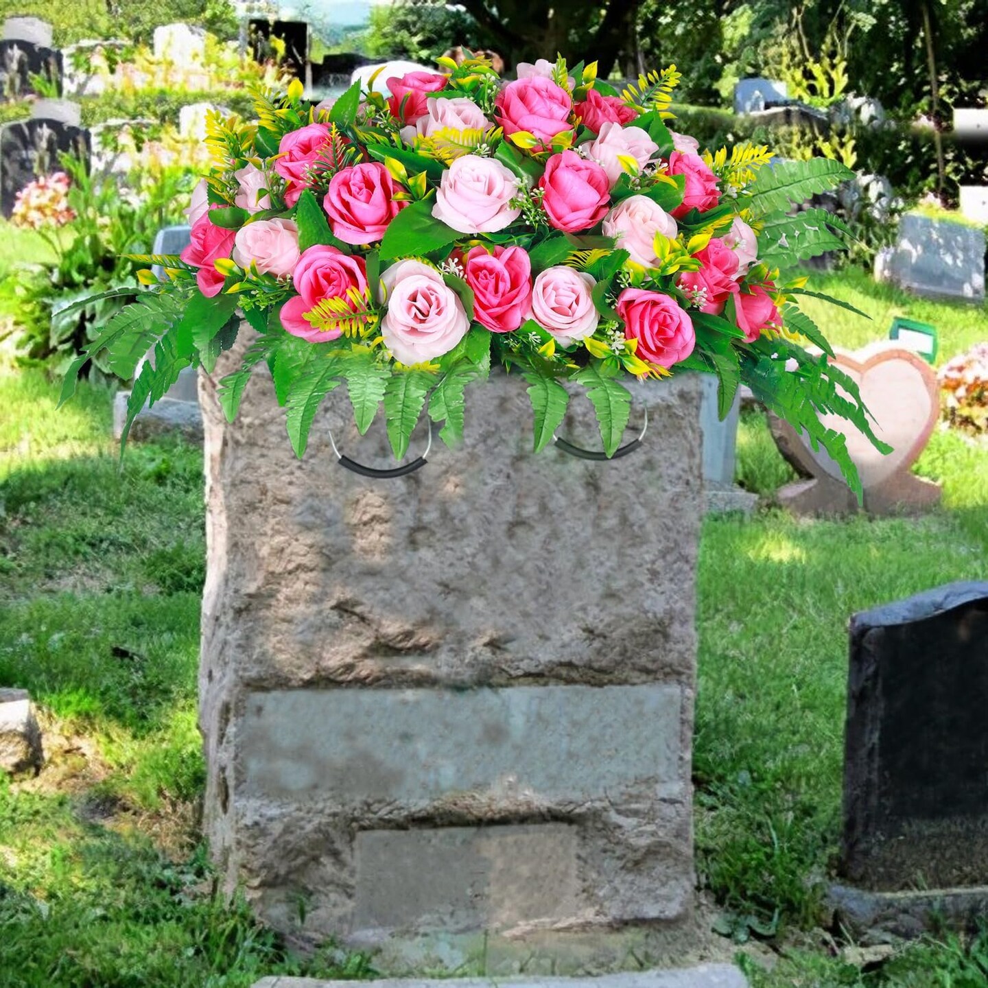 Artificial Cemetery Flower Saddle – Pink & Red Silk Rose Memorial Bouquet, Graveyard Headstone Decoration for Outdoor Tombstones