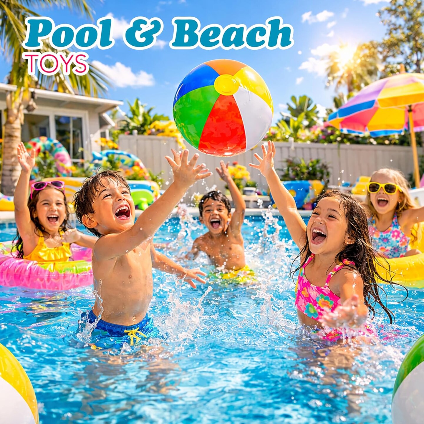 4E's Novelty 24 Pack Bulk Inflatable Beach Balls – 16"" Classic Rainbow Pool Balls for Swimming Pool