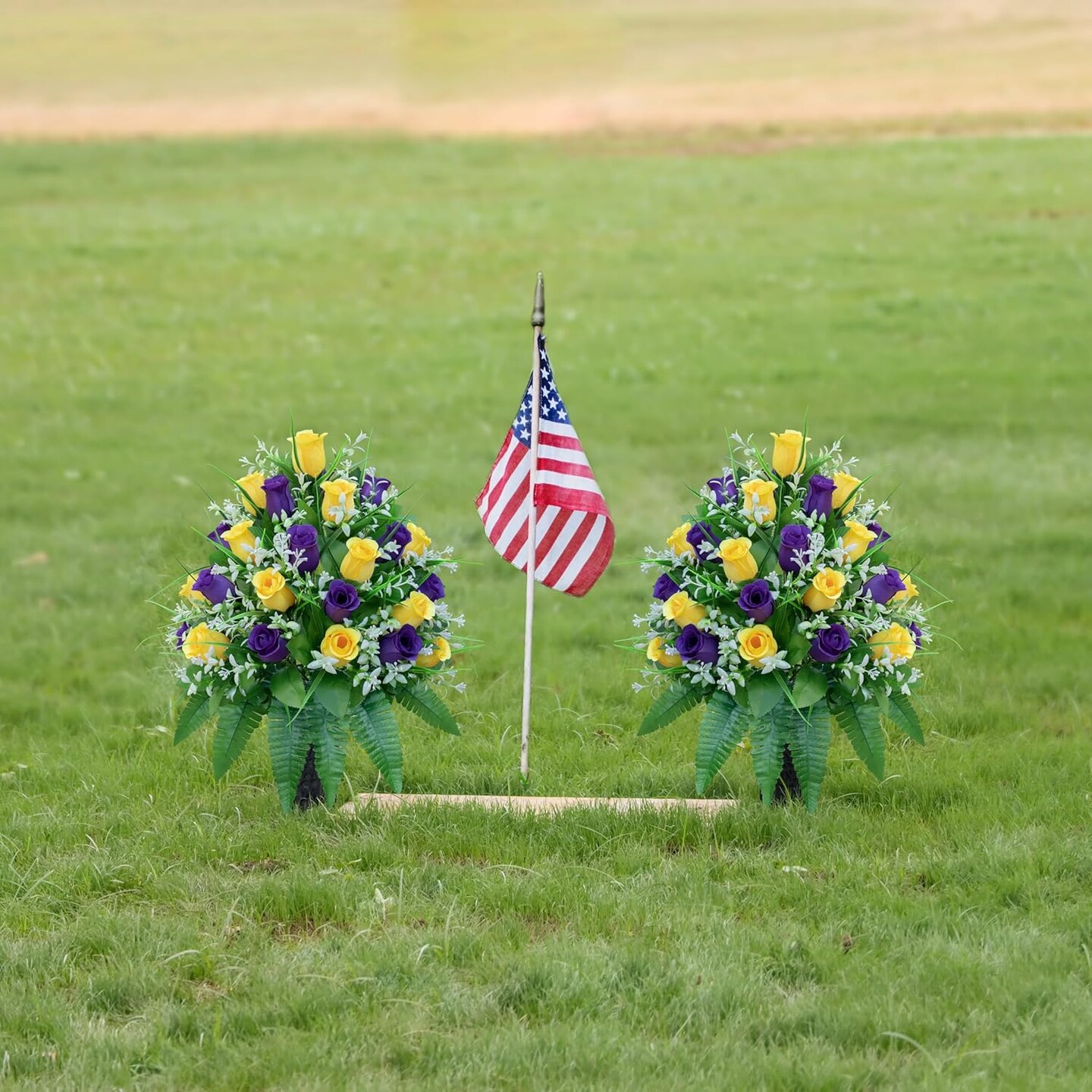 Artificial Cemetery & Memorial Flowers with Vase – Silk Rose Gravesite Bouquet, Long-Lasting Memorial Decoration for Headstones, Weather-Resistant Cemetery Vase Arrangement (Yellow & Purple, 2 Bundles)