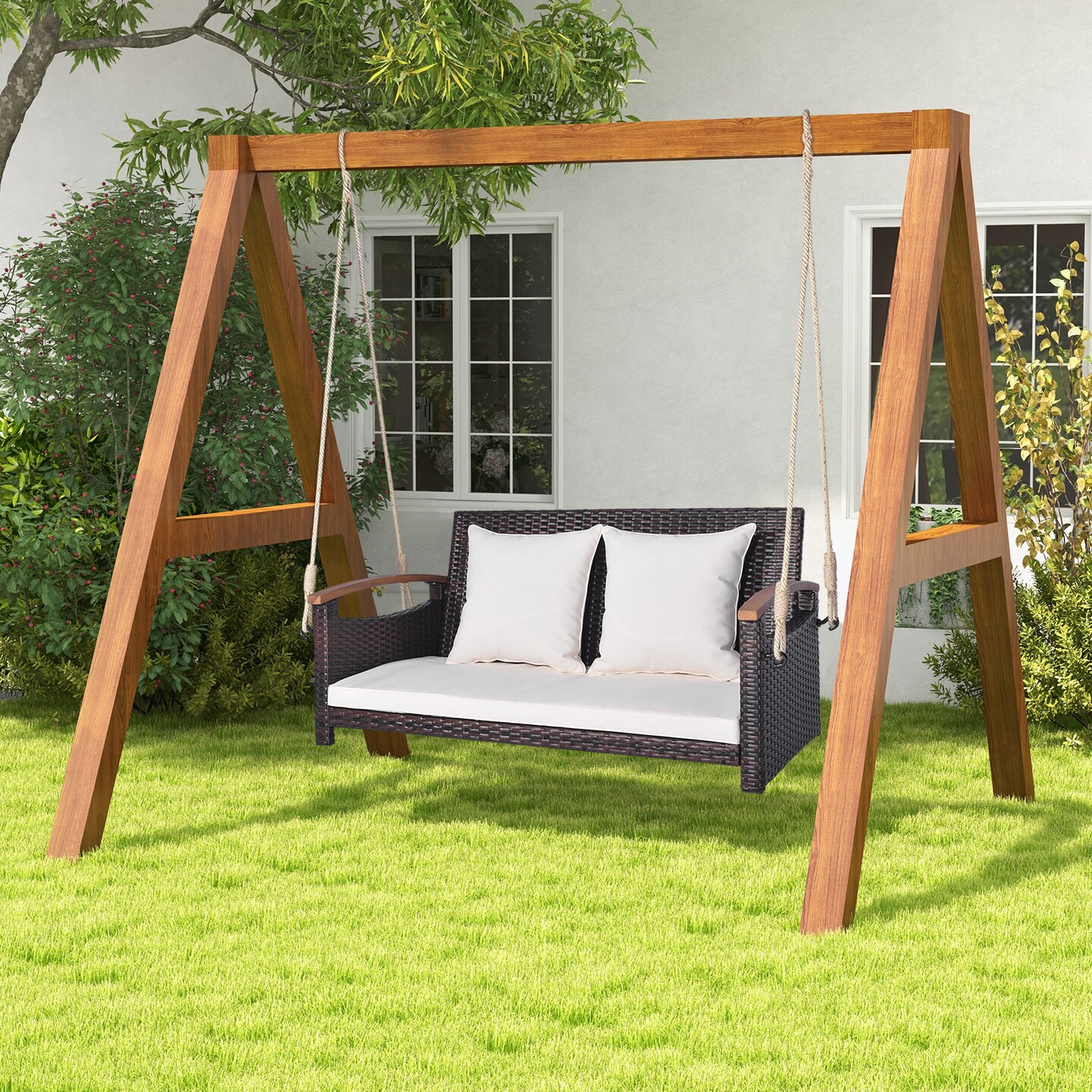 Patio Rattan Swing for 2 People with Comfortable Seat Cushions