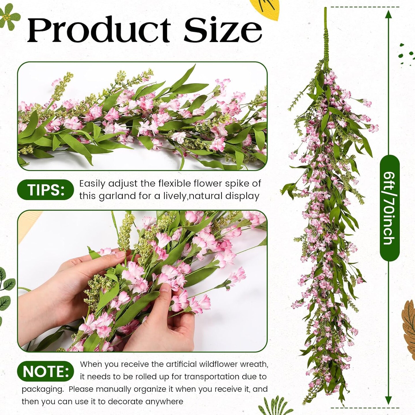 2 Pack 6 ft Spring Wildflower Garland – Artificial Spring Summer Faux Flower Vine Garland for Front Door, Window, Wall, Wedding Arch, Porch & Indoor Outdoor Farmhouse Decor