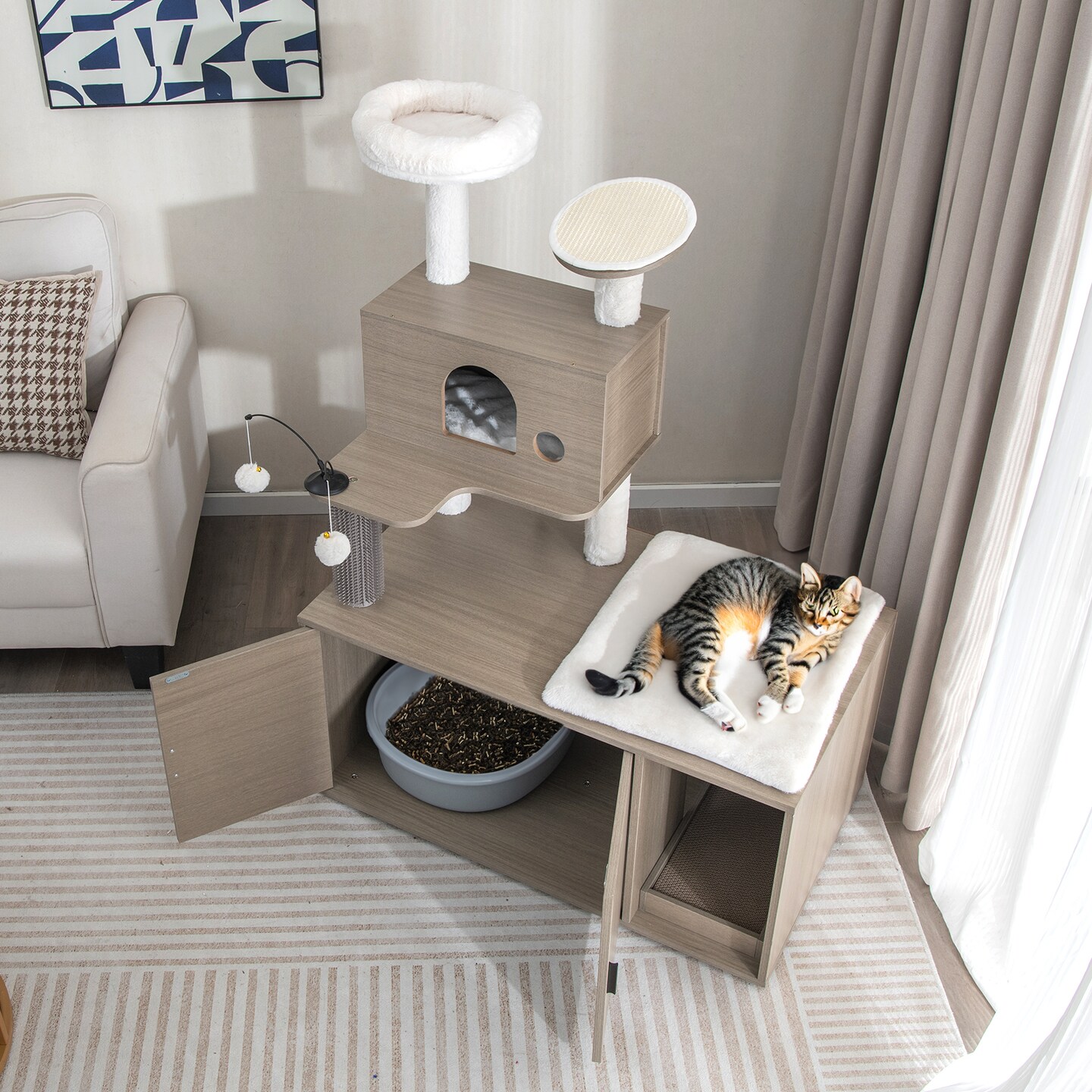Grey Indoor Cat Tower with Litter Box Enclosure, 2-in-1 Modern Design