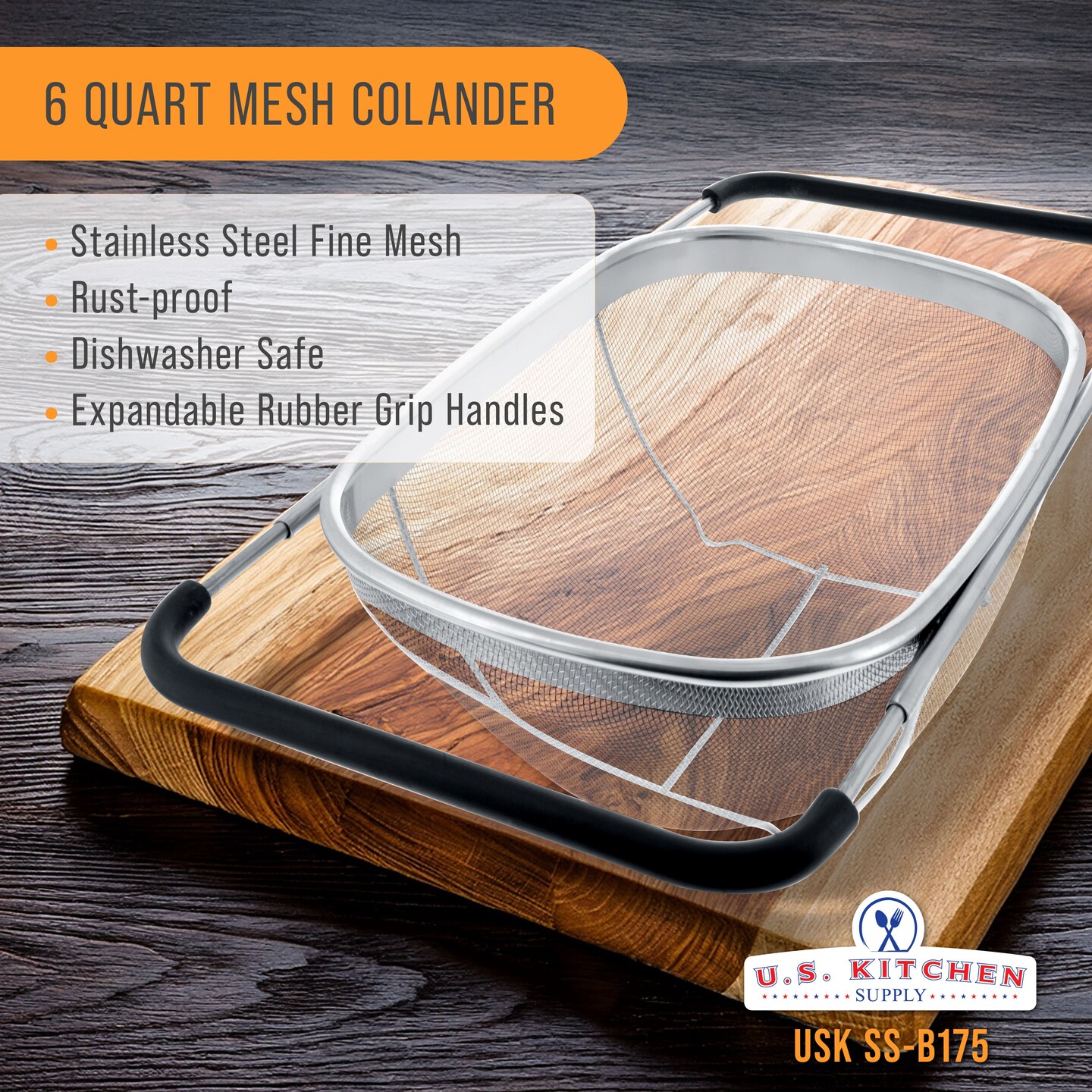 U.S. Kitchen Supply Stainless Steel Colander Strainer - 6-Quart Collapsible Colander with Expandable Rubber Handles - Rectangular Sieve, Fine Mesh Stainless Steel Strainers and Colanders for Kitchen