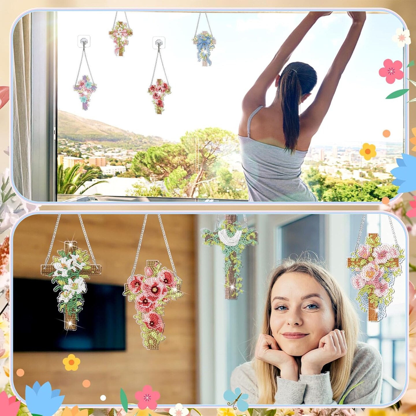 12-Pack Spring Easter Diamond Art Kit – 5D DIY Cross & Flower Hanging Pendants – Religious Diamond Painting for Adults, Home & Office Decor, Easter Christian Gifts
