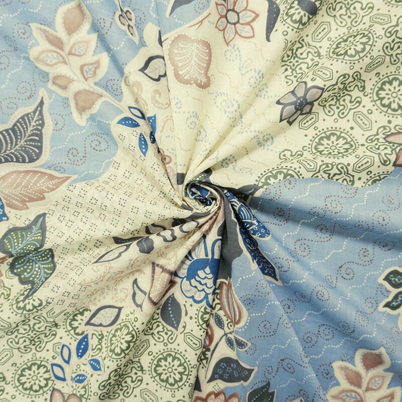 Blue-Ivory-Multi Cotton Floral Printed Lawn Woven Fabric By the Yard