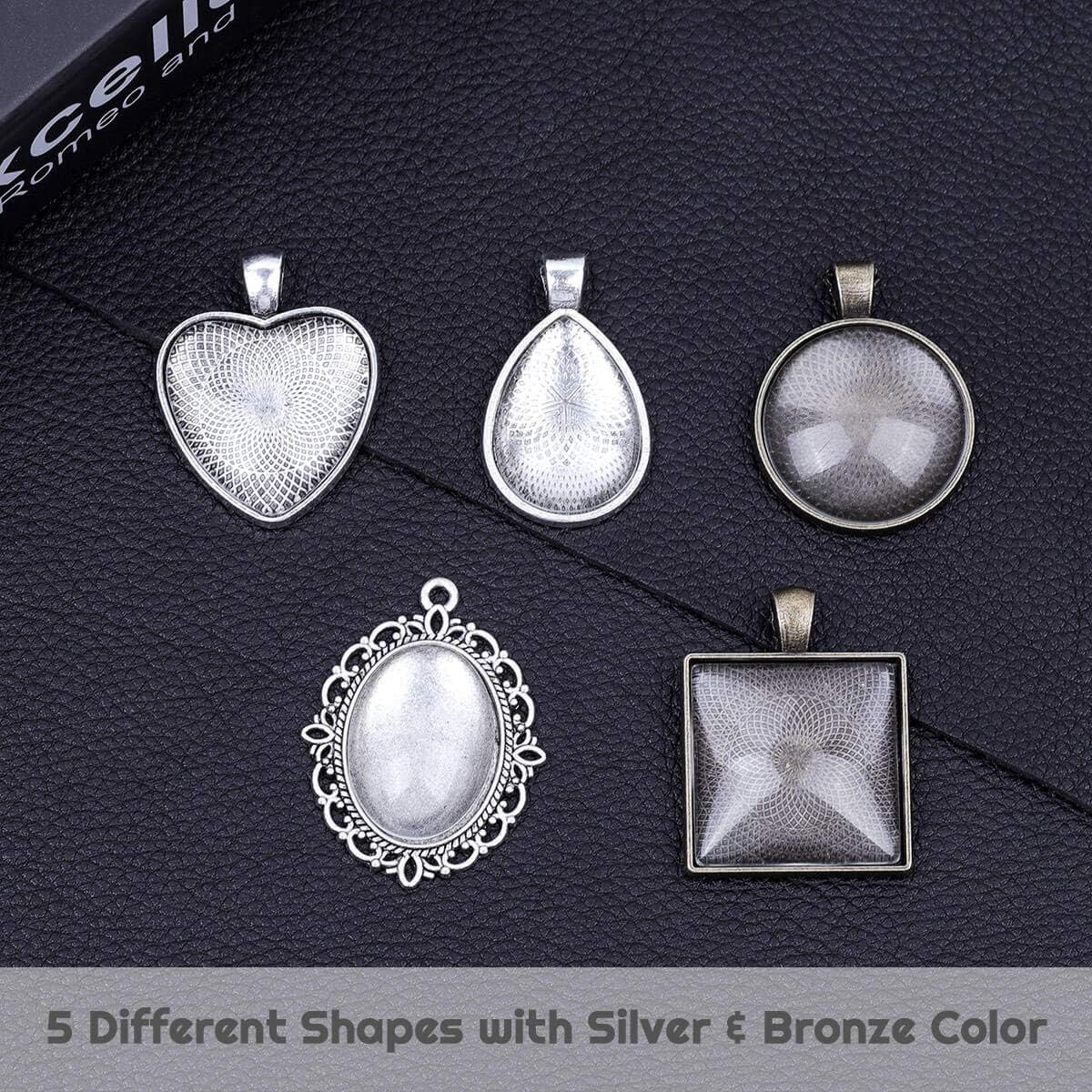 60Pcs Pendant Trays, Bezel Pendant Trays Blanks with Glass Cabochons for Pendants Making and Jewelry Making, 5 Styles