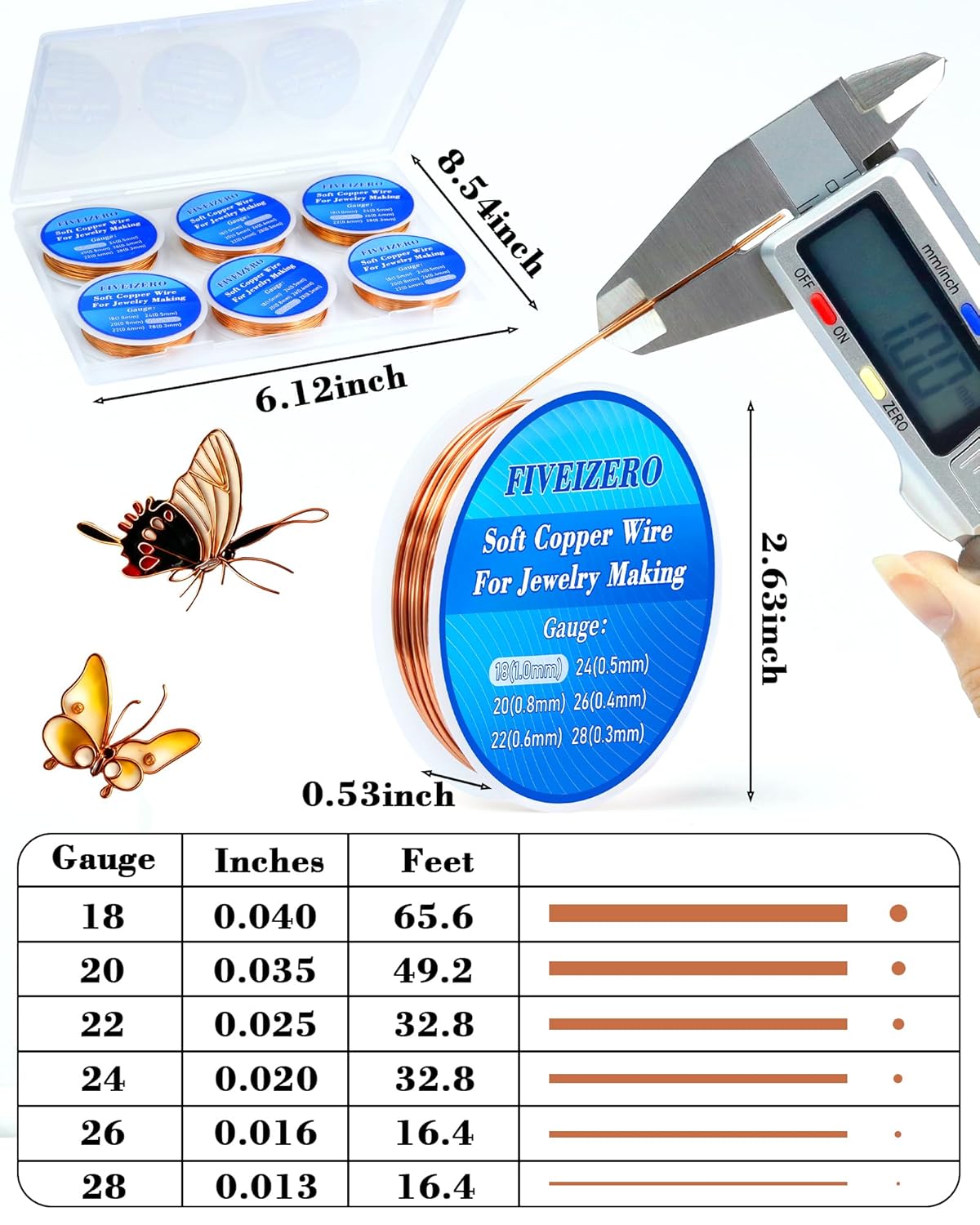 6 Rolls 6 Size Jewelry Making Copper Wire Kit - 18/20/22/24/26/28 Gauge Pure Dead Soft Bare Copper Wire for Electroculture Gardening, Crafting, Beading, Sculpting