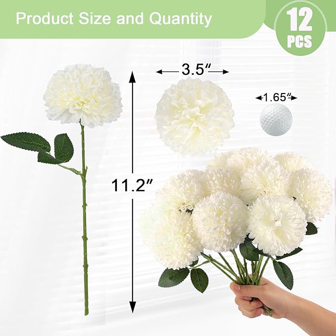 12 Pcs Artificial Chrysanthemums Flowers Ball Flower, Fake Mums Flowers White Silk Flowers for Spring Home Decor Indoor Floral Arrangement Table Centerpiece (12, White)