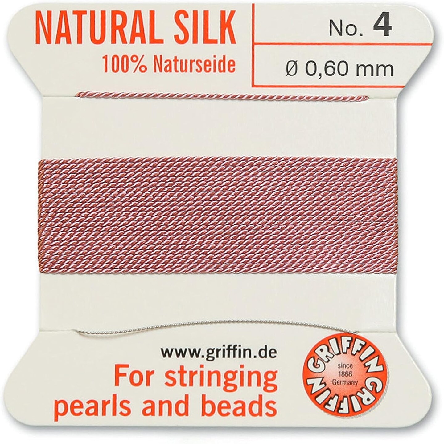 Griffin Silk Bead Cord Perlseide – Size 4 (0.60mm) – 2 Meters per Card – Stainless Steel Needle Attached – for Knotting Pearls, Gemstones, Crystals and Beads