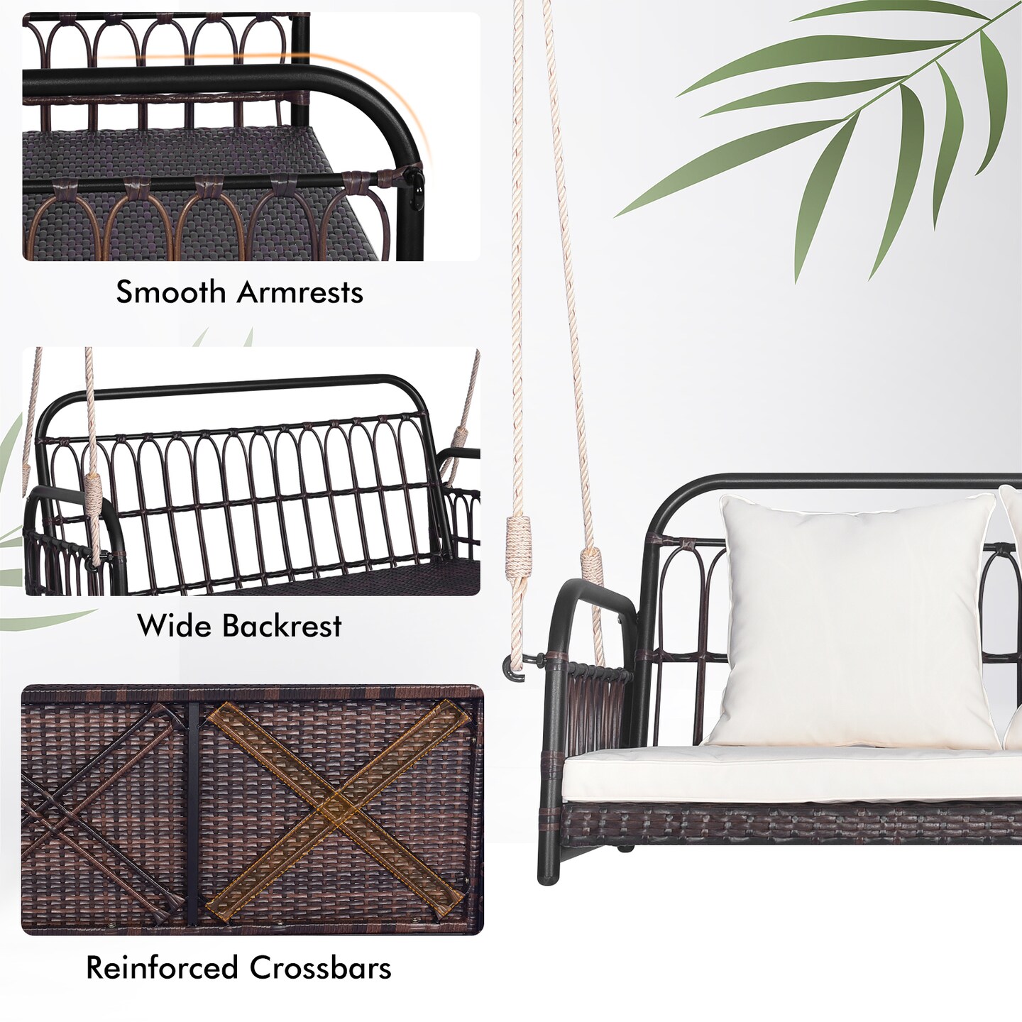 880 lbs Wicker Hanging Swing with Cushions for Porch and Patio