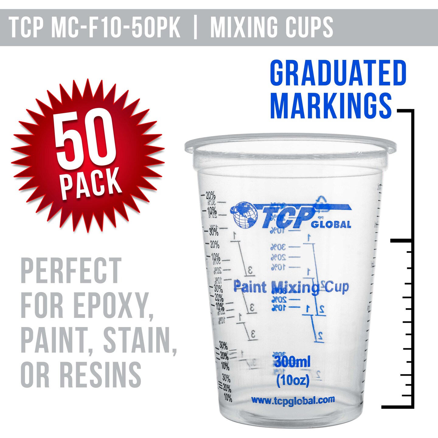 10 oz. (300ml) Graduated Plastic Mixing Cups - Box of 50 with 50 Mixing Sticks - Disposable Plastic Measuring Cups for Liquids, Paints, Resin, Epoxy, Art, Kitchen - Ratios 2-1, 3-1, 4-1 ML
