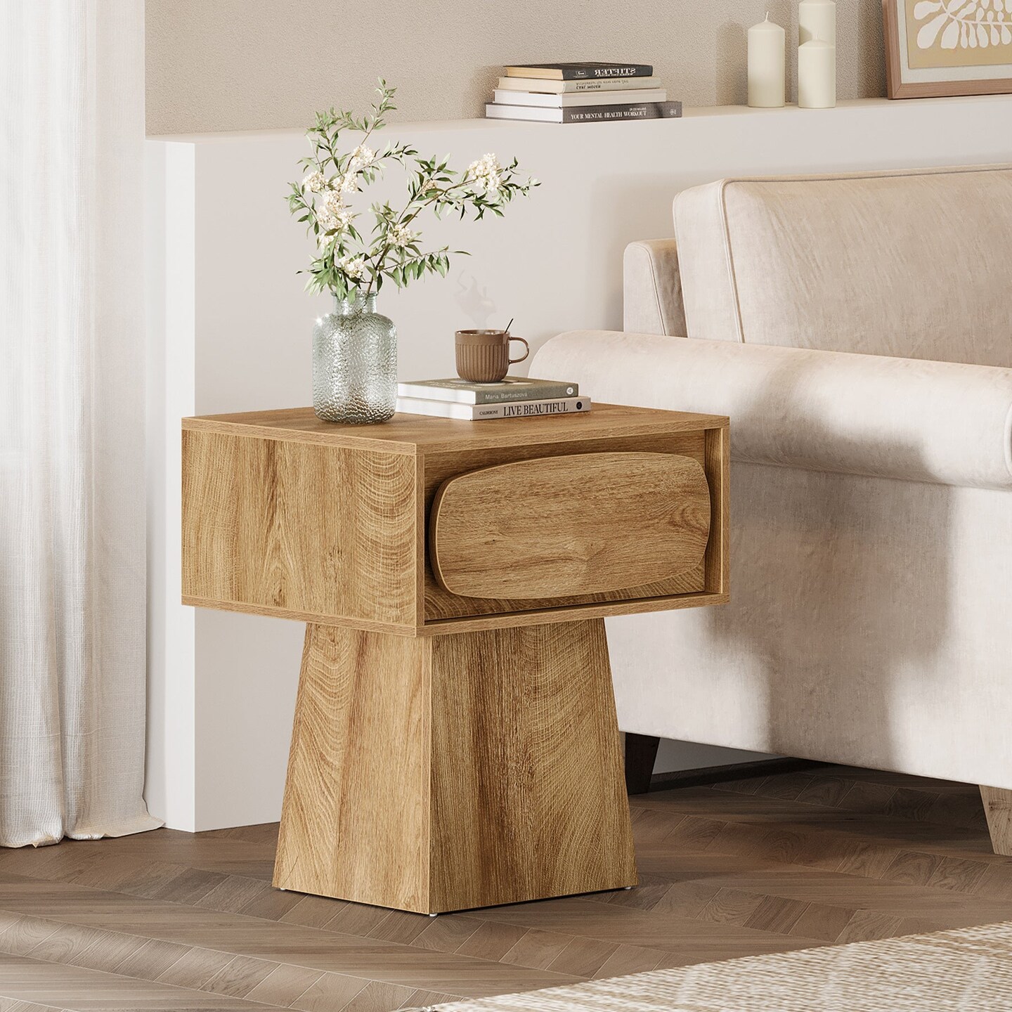 End Table with Drawer Storage Nightstand Side Table MDF Bedroom Living Room