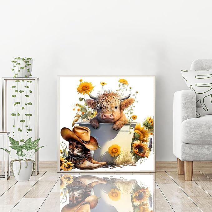 Cow Diamond Art Kits for Adults, Highland Cow Diamond Art Kits, Full Drill Round Sunflower Diamond Painting Kits, DIY Gem Art and Crafts for Home Wall Decor Gift 14x14inch