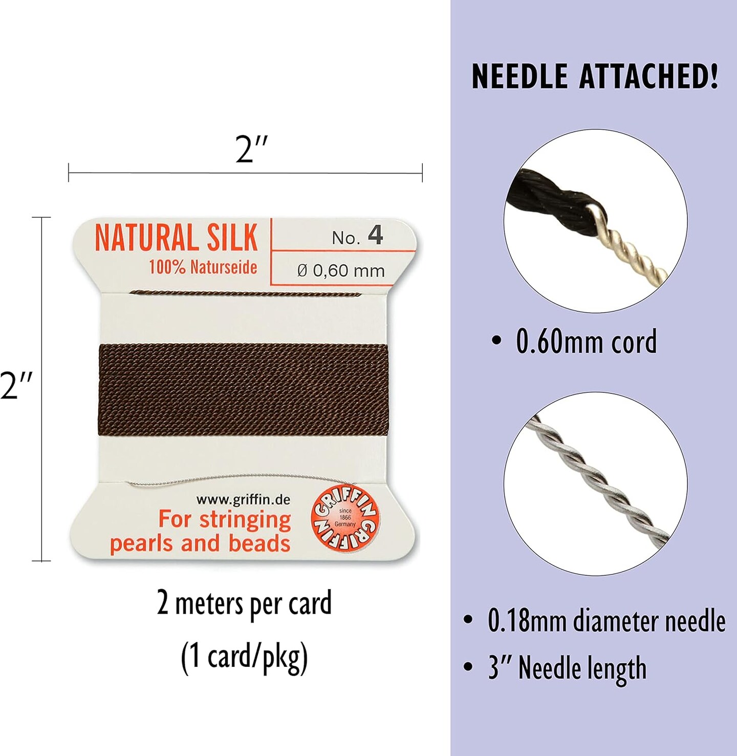 Griffin Silk Bead Cord Perlseide – Size 4 (0.60mm) – 2 Meters per Card – Stainless Steel Needle Attached – for Knotting Pearls, Gemstones, Crystals and Beads