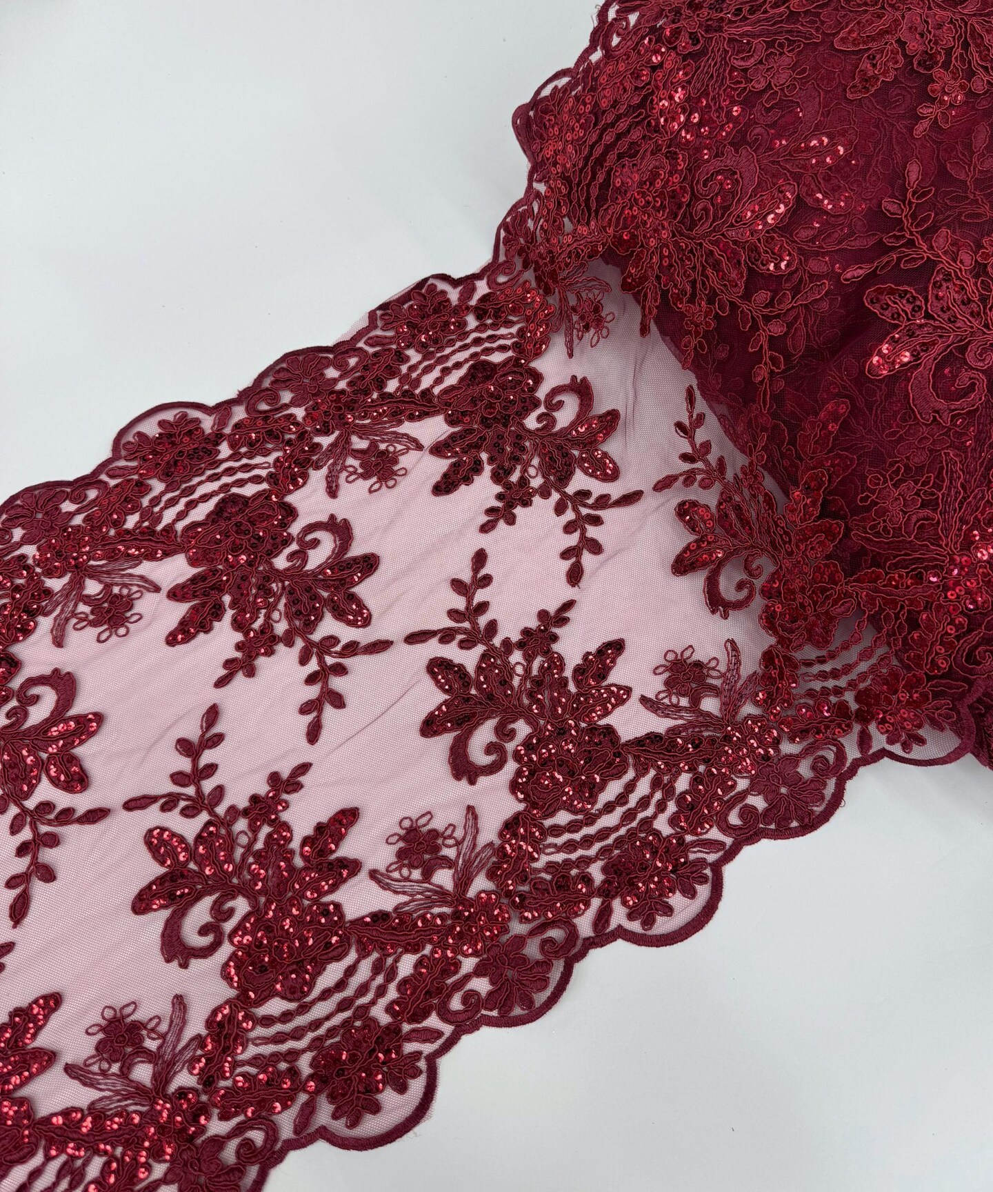 Burgundy Floral Embroidered Lace Table Runner by the Yard, 14" Wide Sequin Mesh Lace Trim with Scalloped Edges