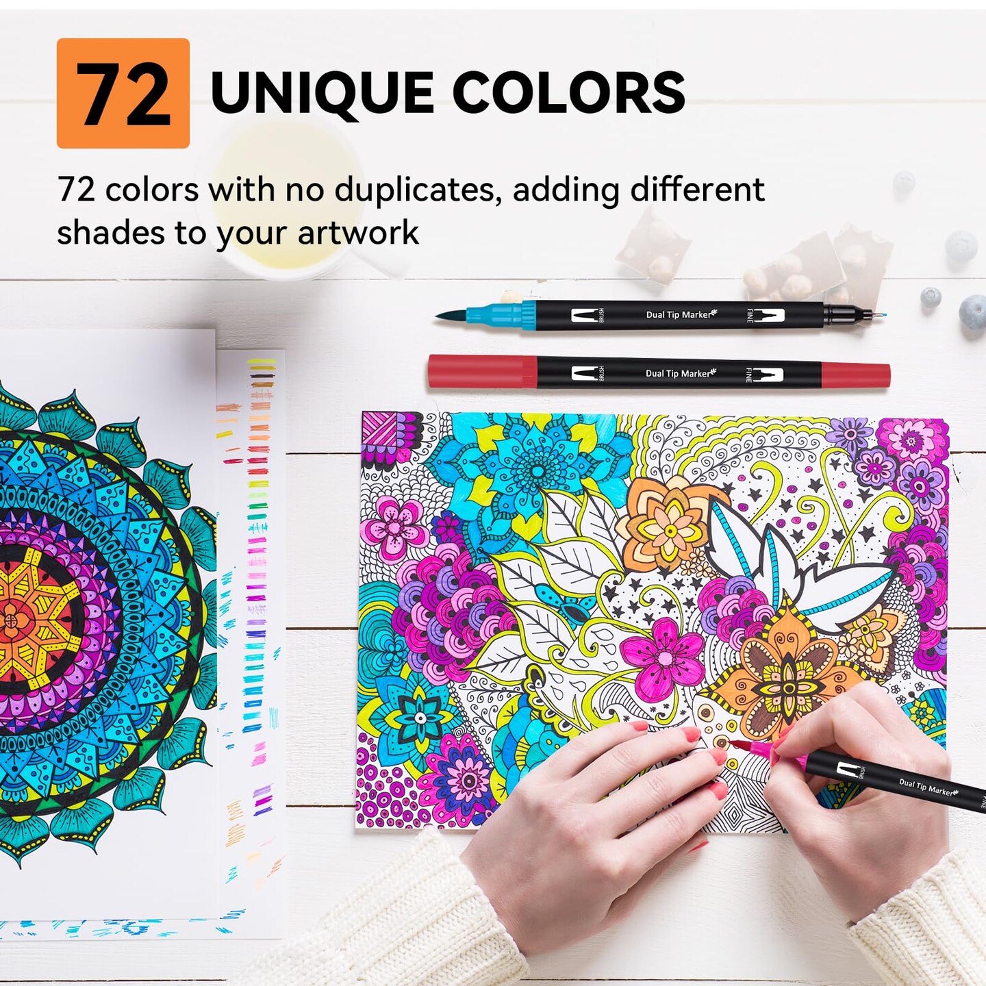 Dual Markers Brush Pens for Adult Coloring Books, 72 Colors Art Marker Set with Fine & Brush Tip Pen for Bullet Journaling, Coloring, Drawing, Hand Lettering, Calligraphy, Art Supplies