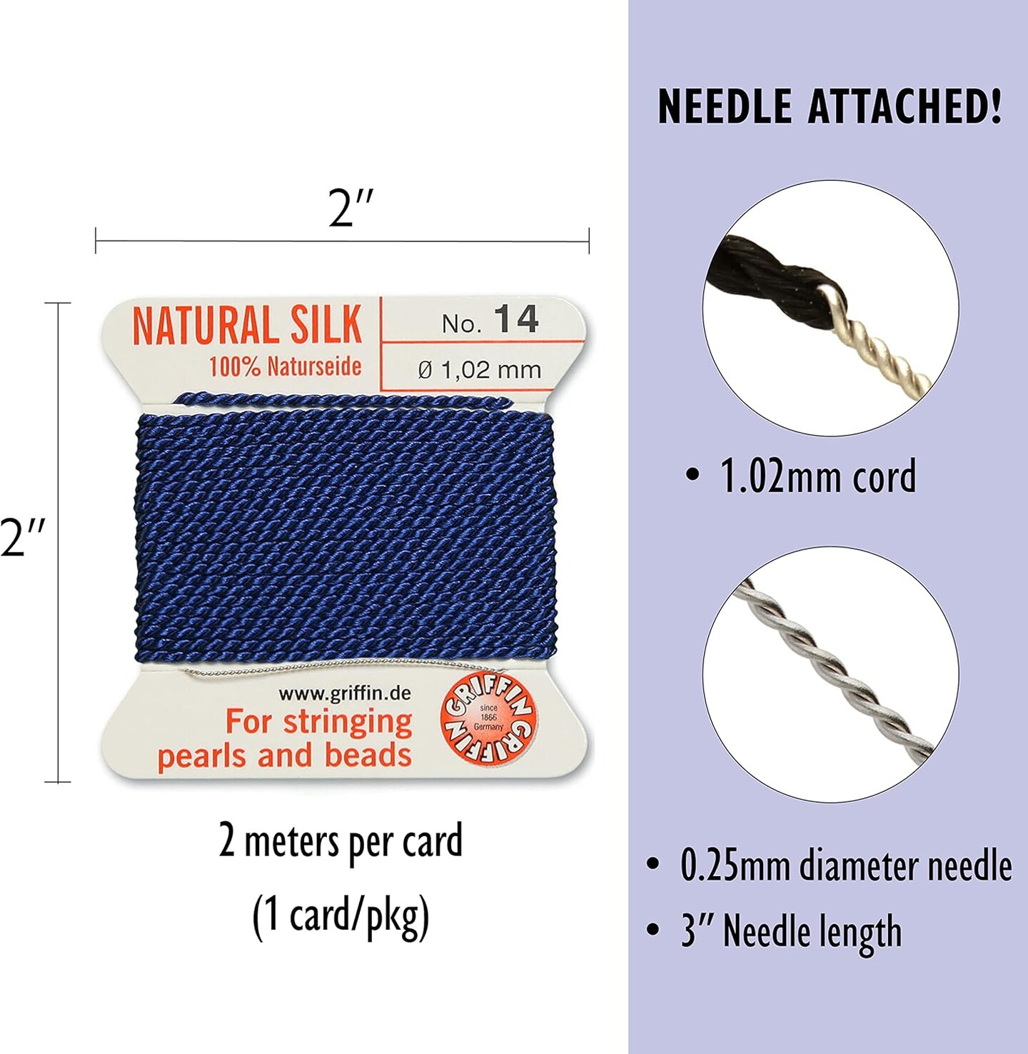 Griffin Silk Bead Cord Perlseide – Size 14 (1.02mm) – 2 Meters per Card – Stainless Steel Needle Attached – for Knotting Pearls, Gemstones, Crystals and Beads