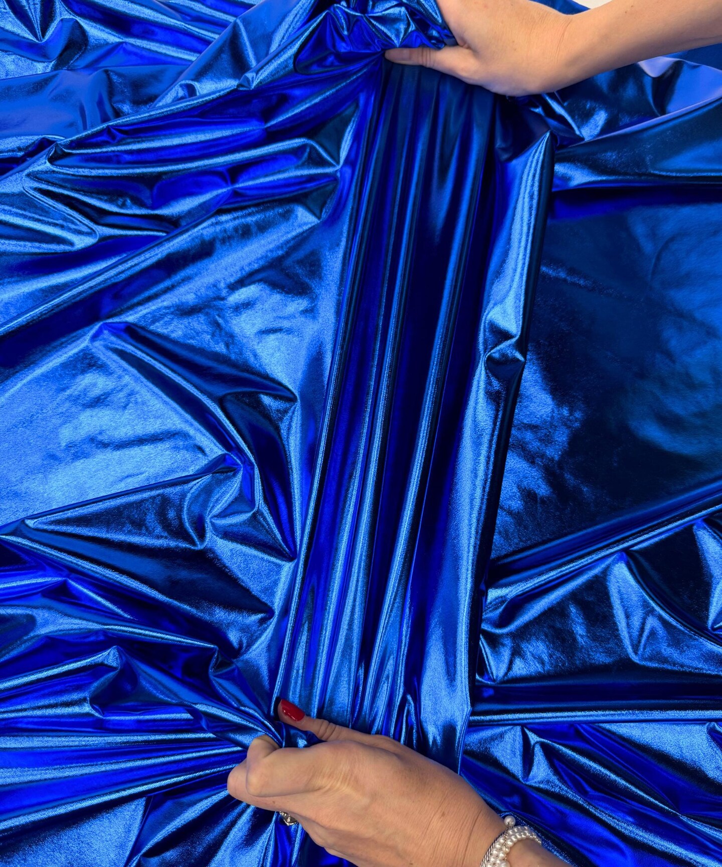 Blue Metallic Gold Foil Lamé Spandex Fabric by the Yard, 60" Wide 4-Way Stretch