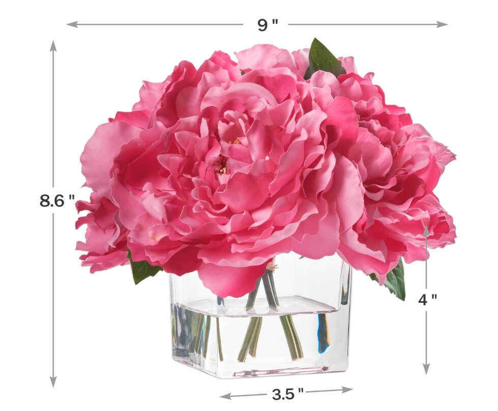 Spring Tabletop Decor – Artificial Peonies in Cube Glass Vase, Silk Flower Centerpiece with Faux Water, Fuchsia Faux Peonies for Dining Table, Coffee Table, Home Decor
