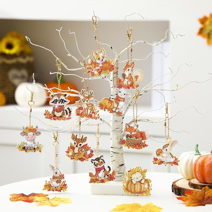 30 Pcs Thanksgiving Diamond Art Keychain Kits DIY Double Sided Thanksgiving Animals Diamond Painting Keychain Ornaments for Adults Key Ring Art Pendant Fall Tree Decor