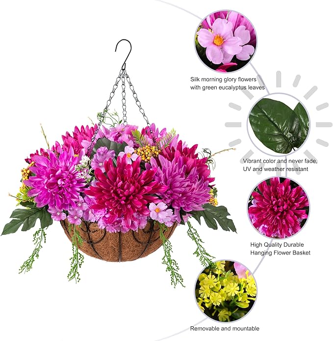 Artificial Fall Mums Flowers Baskets for Outside Decoration, Fake Hanging Silk Fuchsia Flower, Faux Chrysanthemum Summer UV Resistant Realistic for Porch Yard Autumn Decor