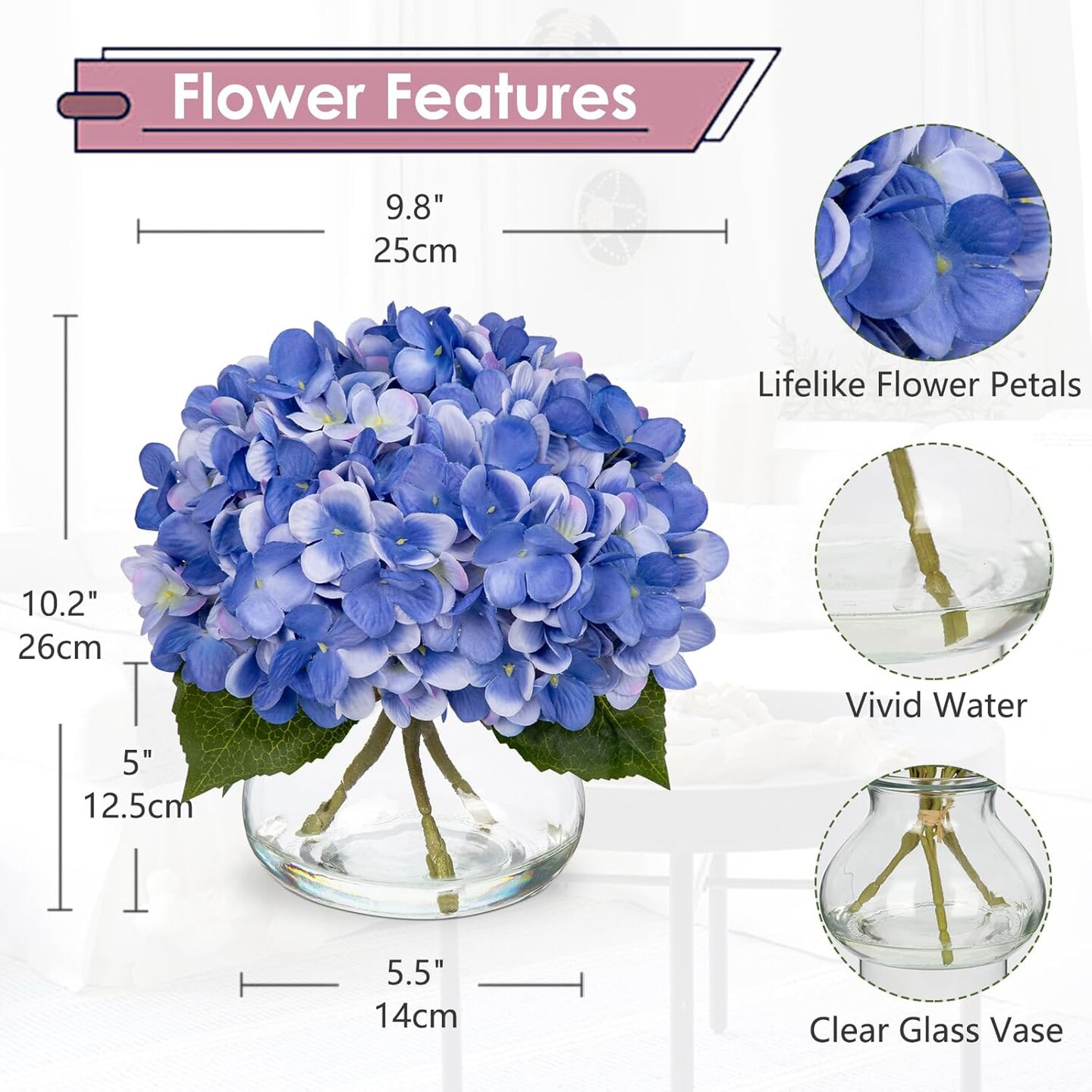 Spring Tabletop Decor – Slate Blue Artificial Hydrangea Flowers with Glass Vase & Faux Water, Silk Hydrangea Arrangement for Home, Bathroom, Office Table Centerpiece, Shelf Decoration