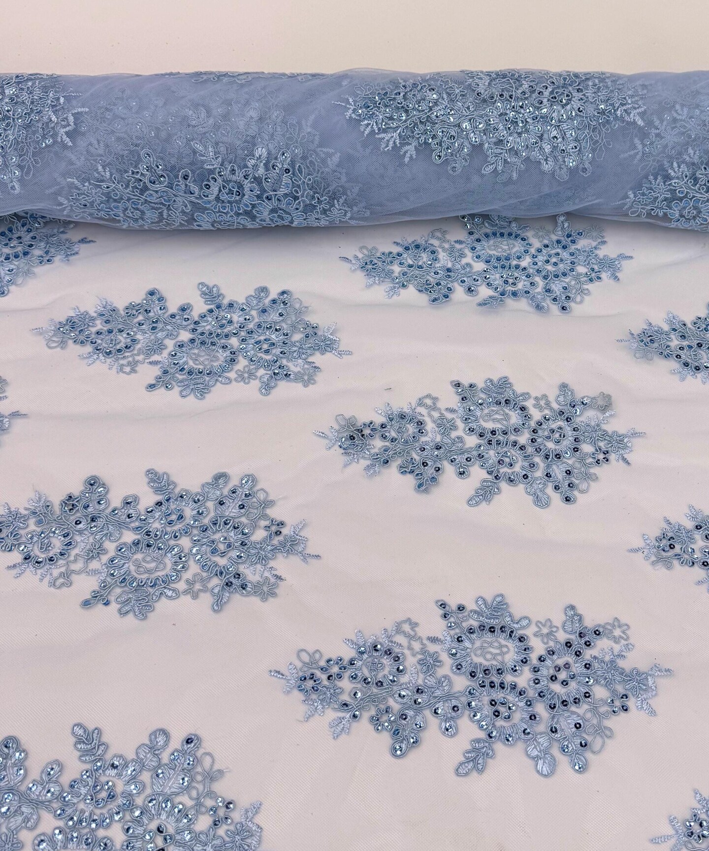 Baby Blue Sequin Embroidered Lace Fabric by the Yard, 54" Wide Floral Mesh Lace with Double Scalloped Edges