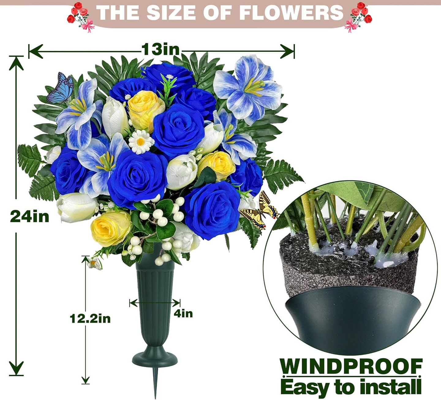 Artificial Cemetery & Memorial Flowers with Vase – Blue Silk Rose & Tulip Gravesite Bouquet, Outdoor Headstone Decoration, Weather-Resistant Memorial Arrangement