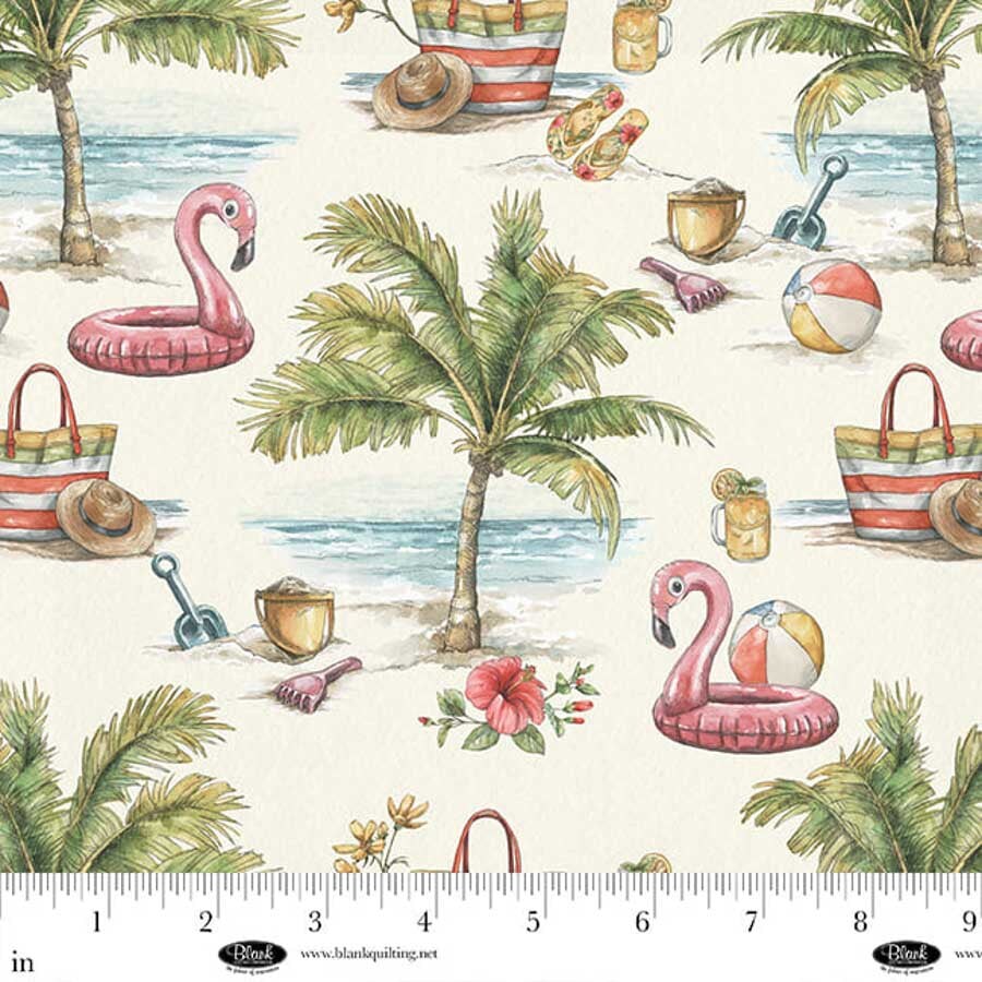 Fabric Blank Quilting Ivory Scenic Beach Vintage Summer by the Quarter Yard 4637-41