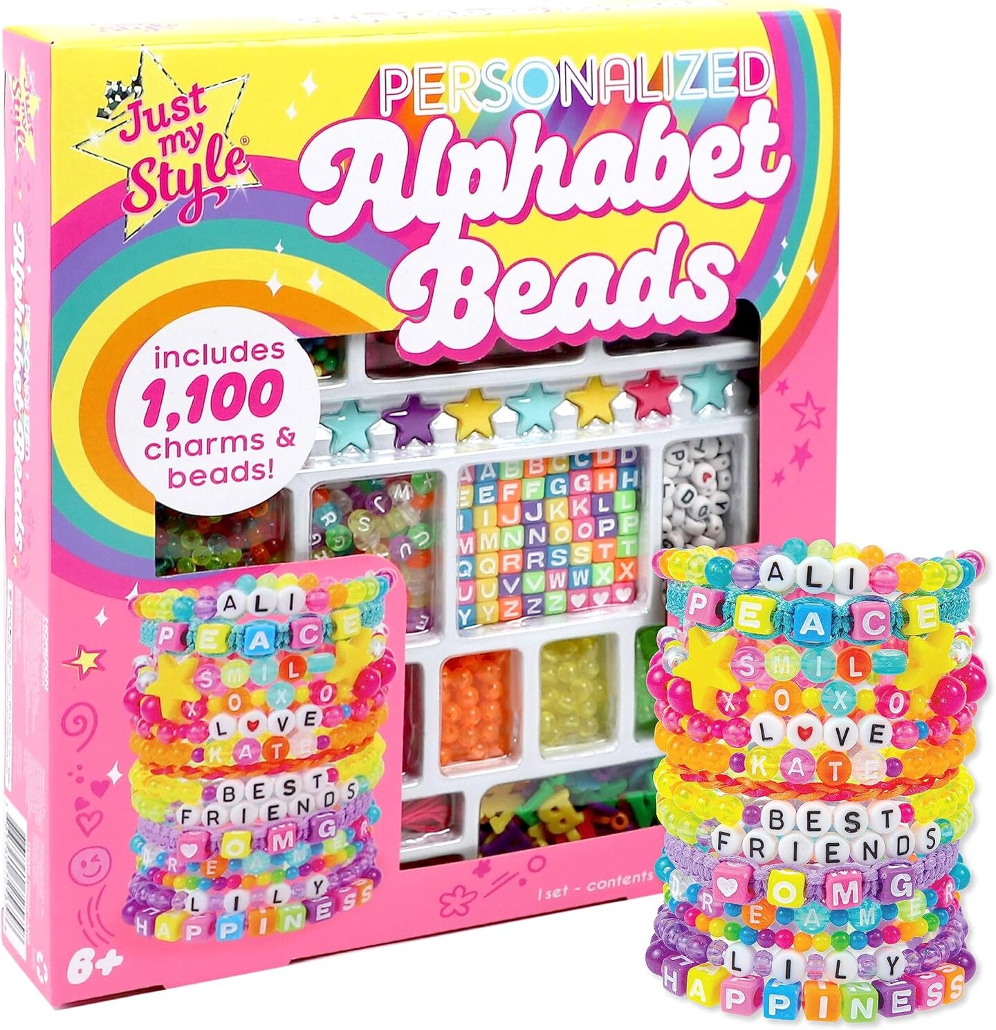ABC Beads by Horizon Group USA – 1000+ Alphabet Beads & Charms Kit with Satin & Wax Cords, Elastic, Key Ring & Star Accents | DIY Personalized Jewelry & Accessories