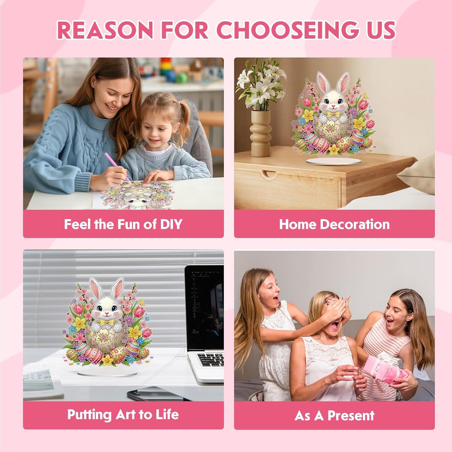 Easter Bunny Diamond Art Tabletop Kit – DIY Rabbit & Easter Egg Crystal Painting Desk Ornament with Base for Home Decor