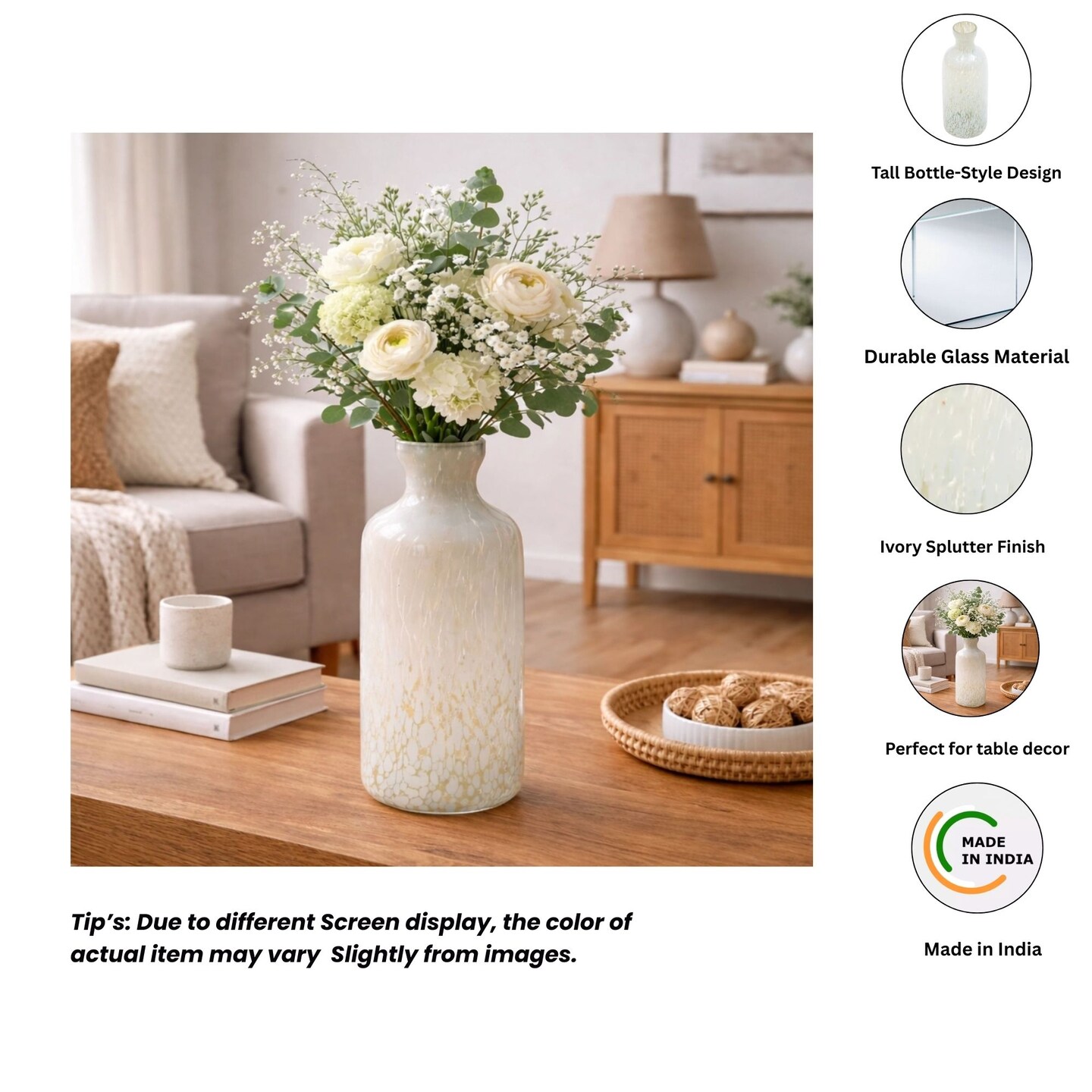 Vase | Ivory Splutter Glass Vase | 4x10" | Elegant Decorative Accent for Home, Office & Contemporary Interiors