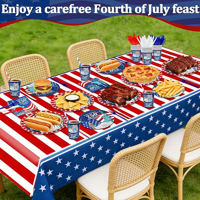 256Pcs 4th of July Decoration 250th Anniversary Patriotic American Flag Party Supplies-Serve 32 4th of July Disposable Paper Plates Cups Napkins Cutlery Forks Spoons Straws Red White Blue,Memorial Day