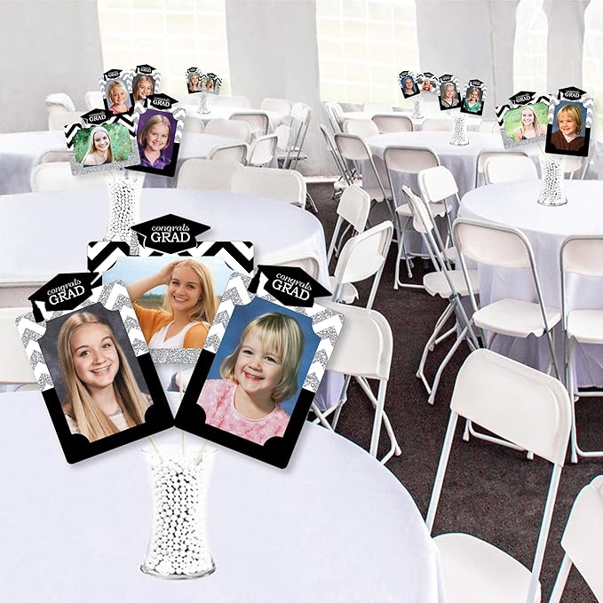 Graduation Photo Display Centerpiece Kit - 15 Double-Sided Photo Table Topper Sticks, Vertical and Horizontal 4x6 Picture Holders, DIY Party Decoration Set - Tassel Worth The Hassle- Silver