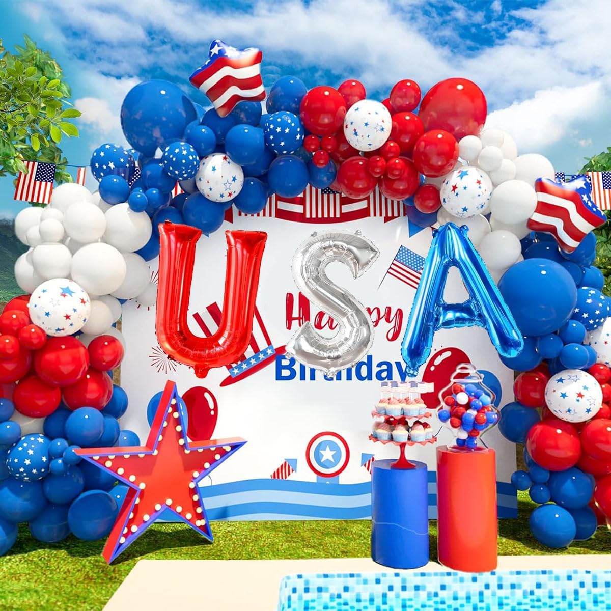 Latex Balloons USA Letter Banner & American Flag Balloons – 4th of July Patriotic Decorations for Independence Day, Memorial Day & American-Themed Parties