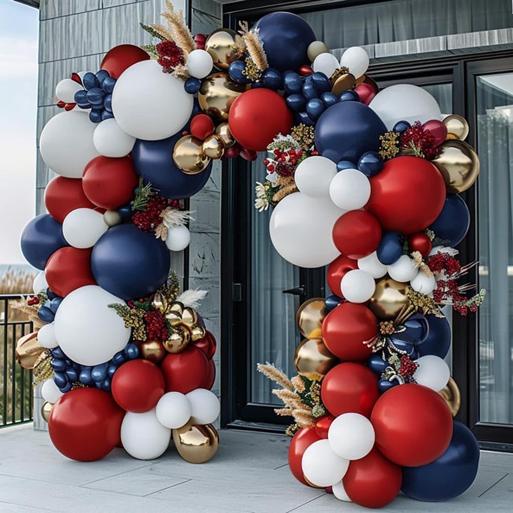Latex Balloons Red, White & Blue Double Stuffed Balloon Arch Kit – Navy Blue, Ruby Red & Gold Garland for 4th of July, Birthday, Graduation, Veterans Day & Patriotic Parties