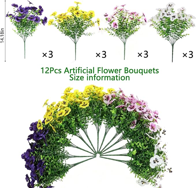 Artificial Fake Pansy Flowers for Outdoor, UV Resistant Faux Silk Pansies Spring Flowers, for Planter Front Door Porch Yard Patio Window Box Home Decor 12 Bundles (4 Multicolor)