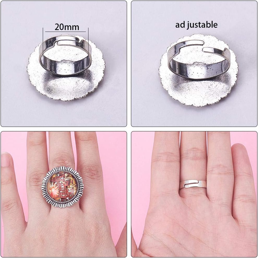 24pcs Mixed Adjustable Ring Blanks Cabochon Jewelry Making Kit Finger Ring Settings Clear Glass Cabochons Oval Round for Jewelry Making Adult Crafting, Antique Silver Bronze