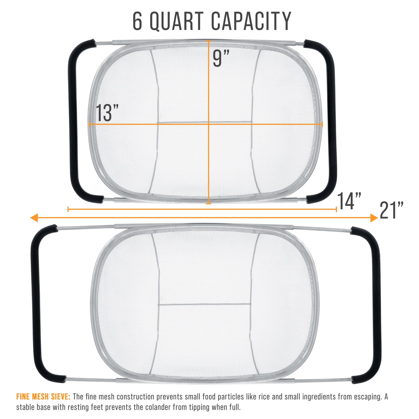 U.S. Kitchen Supply Stainless Steel Colander Strainer - 6-Quart Collapsible Colander with Expandable Rubber Handles - Rectangular Sieve, Fine Mesh Stainless Steel Strainers and Colanders for Kitchen