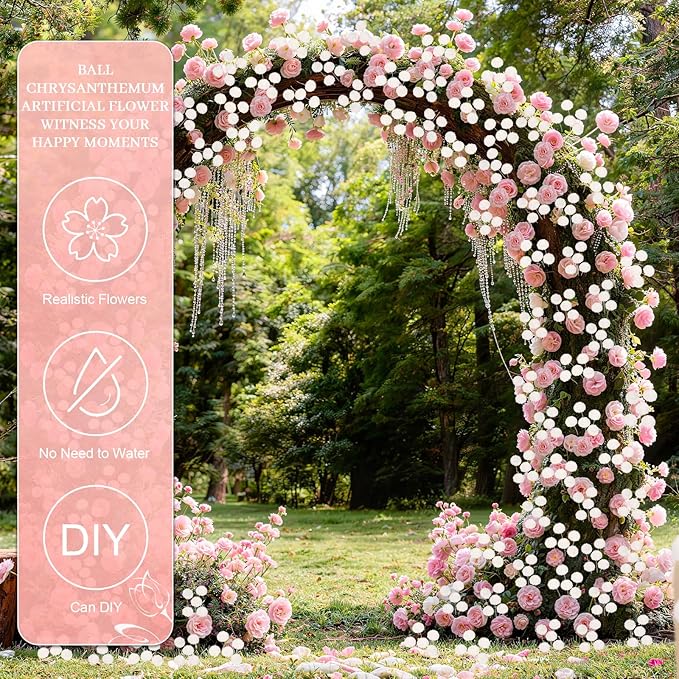 Artificial Flowers 12pcs Ball Chrysanthemums for Weddings Silk with Stemsdiy Champagne Bouquets Indoor and Outdoor Decoration Kitchen Table Decor (White)